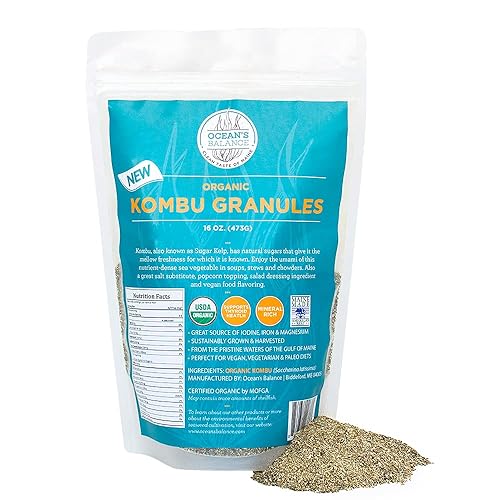 OCEAN'S BALANCE Gránulos de algas kombu orgánicas Algas marinas secas de la costa de Maine Algas marinas Kombu orgánicas, perfectas para dieta