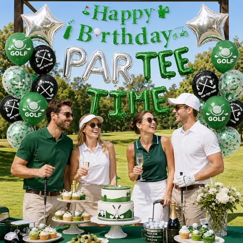 Image of Golf Birthday Party Decorations Let's Partee Time Golf Party Decorations | Happy Birthday Banner Golf Print Balloons Silver Star Foil Balloons for Men Boys Sport Themed Party Supplies