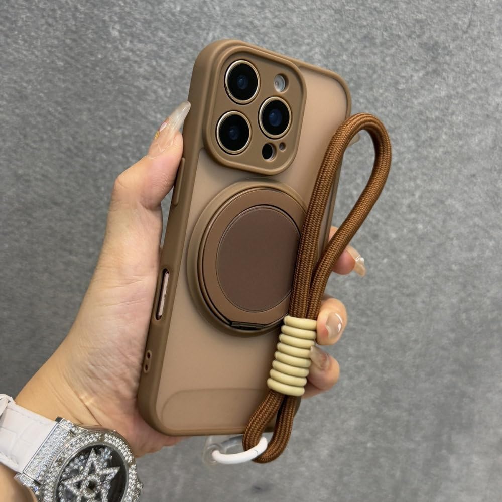Magnetyczny uchwyt pierścieniowy, pasek na nadgarstek, etui z przewodem do iPhone'a 16 11 12 13 14 15 Pro Max Plus, matowe, odporne na wstrząsy, brązowe, do iPhone'a 15 Pro Max