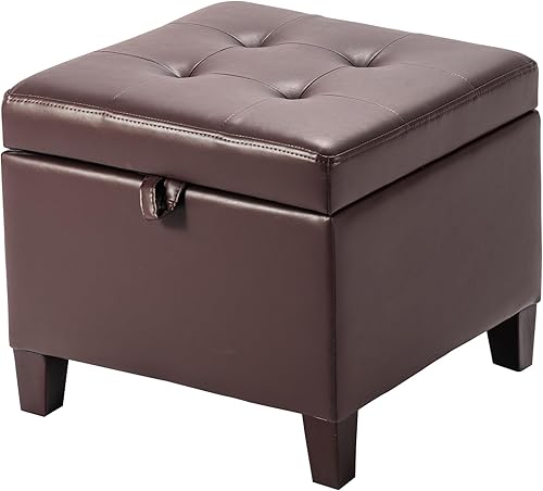 Asense Reposapiés otomano cuadrado tapizado con tapa con bisagras (cuero sintético marrón)