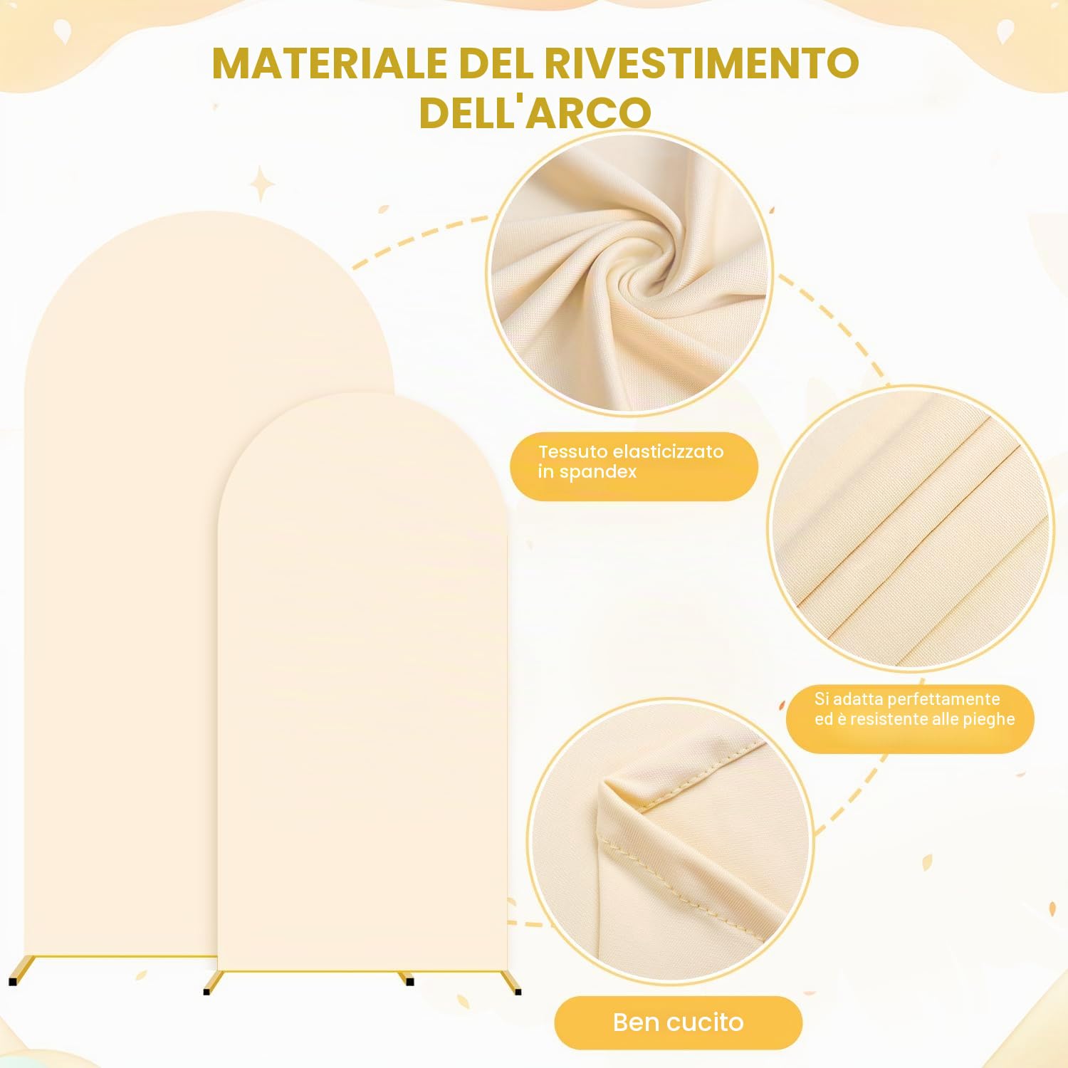 Set di 2 supporti per archi in metallo con copertura (2,2 m, 1,8 m) per archi nuziali e coperture per archi in spandex beige, supporto elastico per arco di palloncini e set di copertura per baby