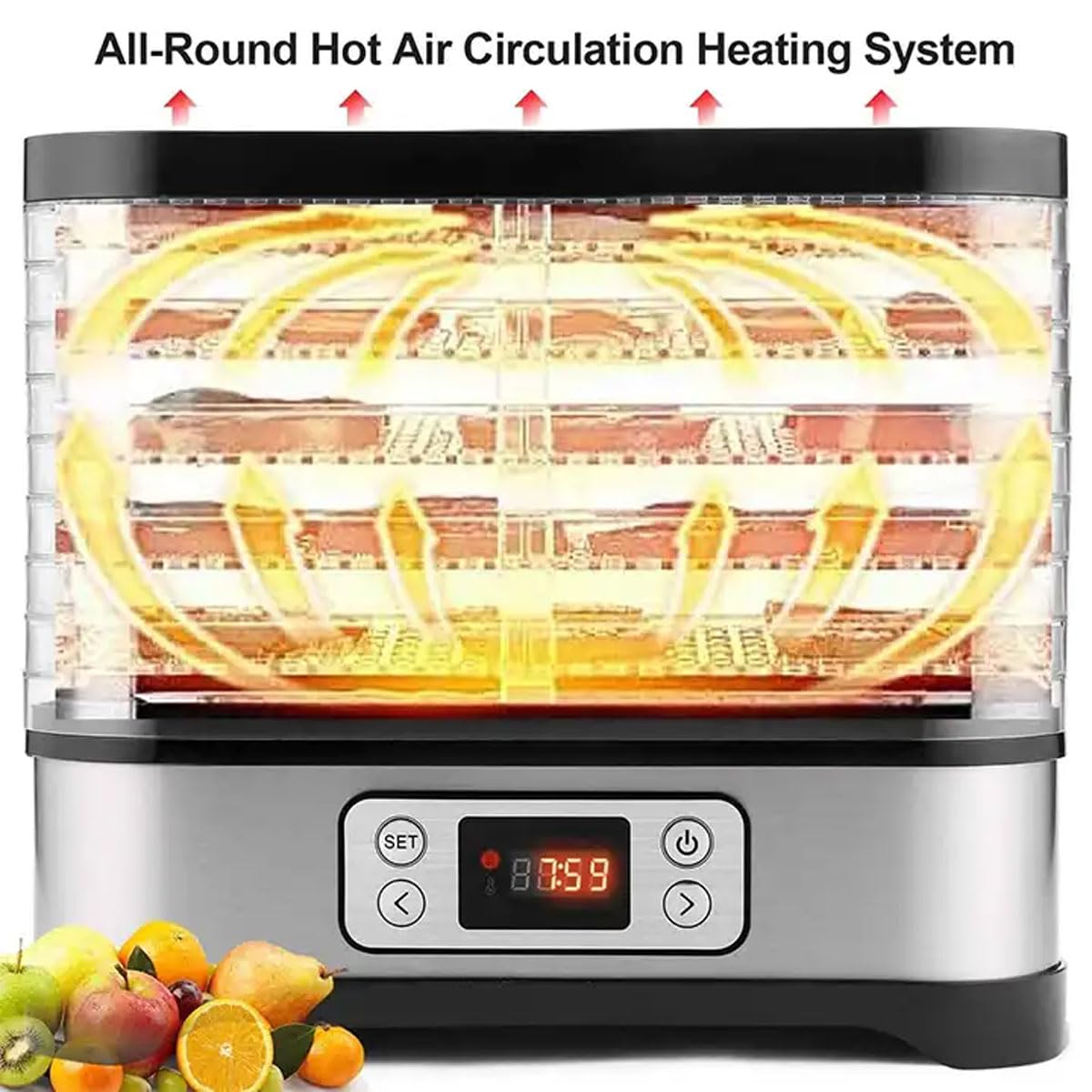 Essiccatore per alimenti domestico, essiccatore per frutta trasparente a 5 vassoi a 360° con temporizzazione di 72 ore, macchina per essiccazione portatile da 250 W per carne secca, frutta, carne, v