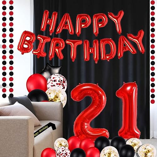 Miniatura 3 de Decoraciones para fiesta de cumpleaños número 21: tema rojo, globos de aluminio rojos de 16 pulgadas, pancarta, banda, cortinas negras, globos de