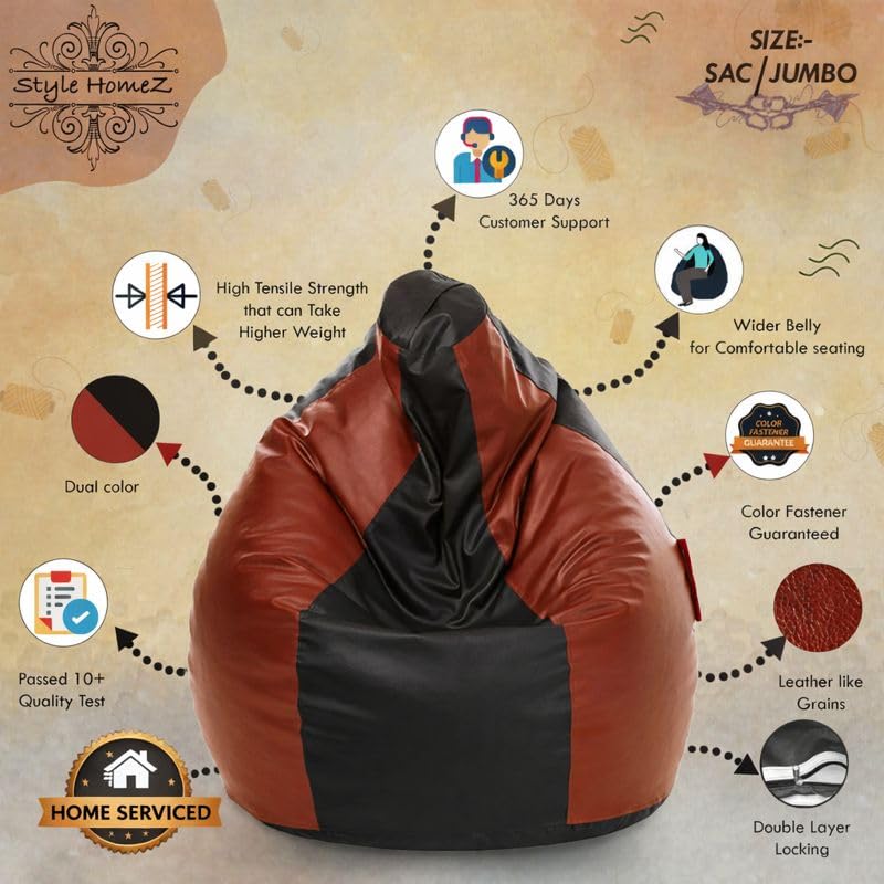 Style Homez Premium Leatherette Classic Jumbo Bean Bag Jumbo Size SAC Brown Tan Color, Cover Only 1