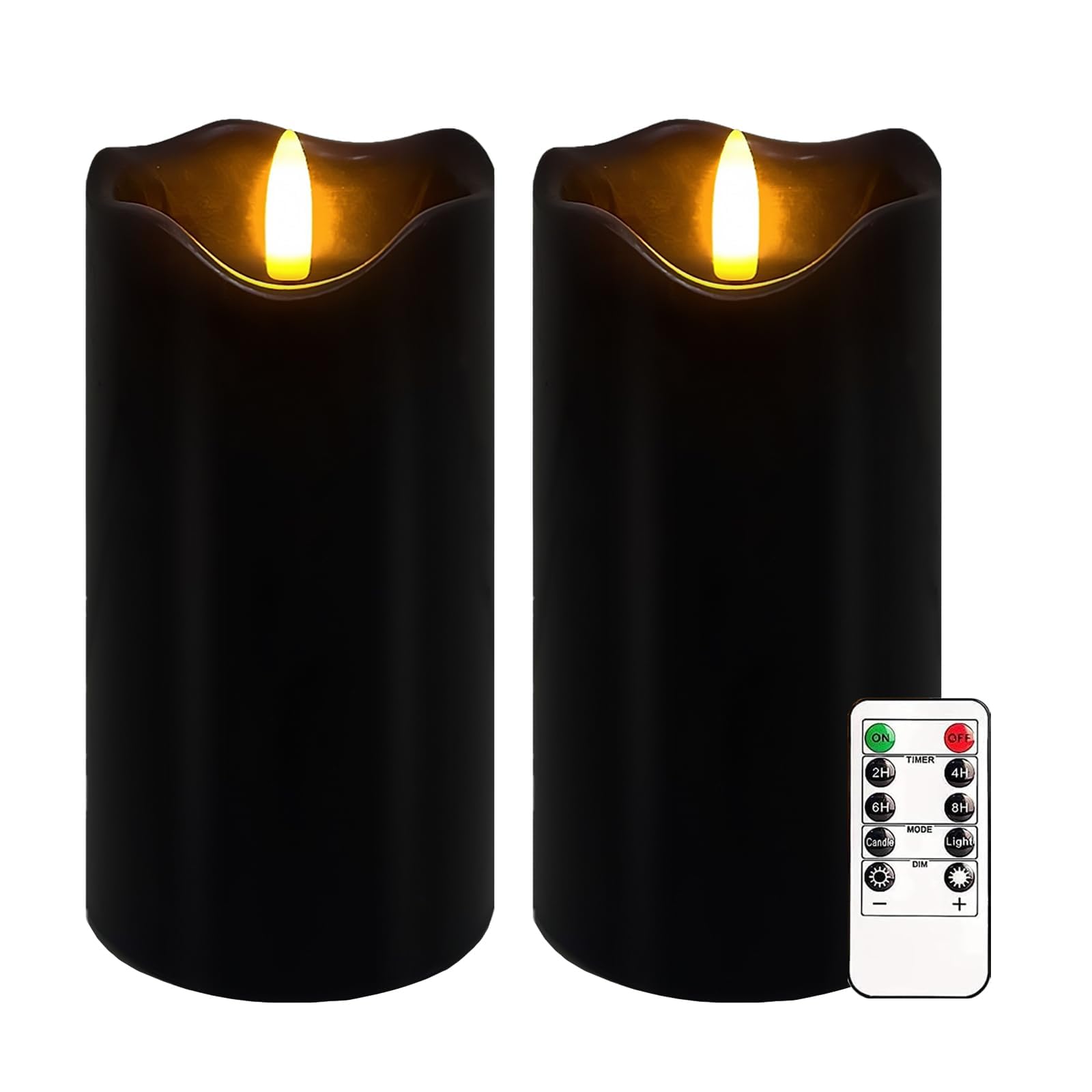 AVEKI Flameless Candle Light, Set of 2 6"x3" Flickering Christmas Flameless Candles with Remote & Timer, Dimmable Real Wax Pillar Candles Battery Operated, Decor for Home Xmas (Black)