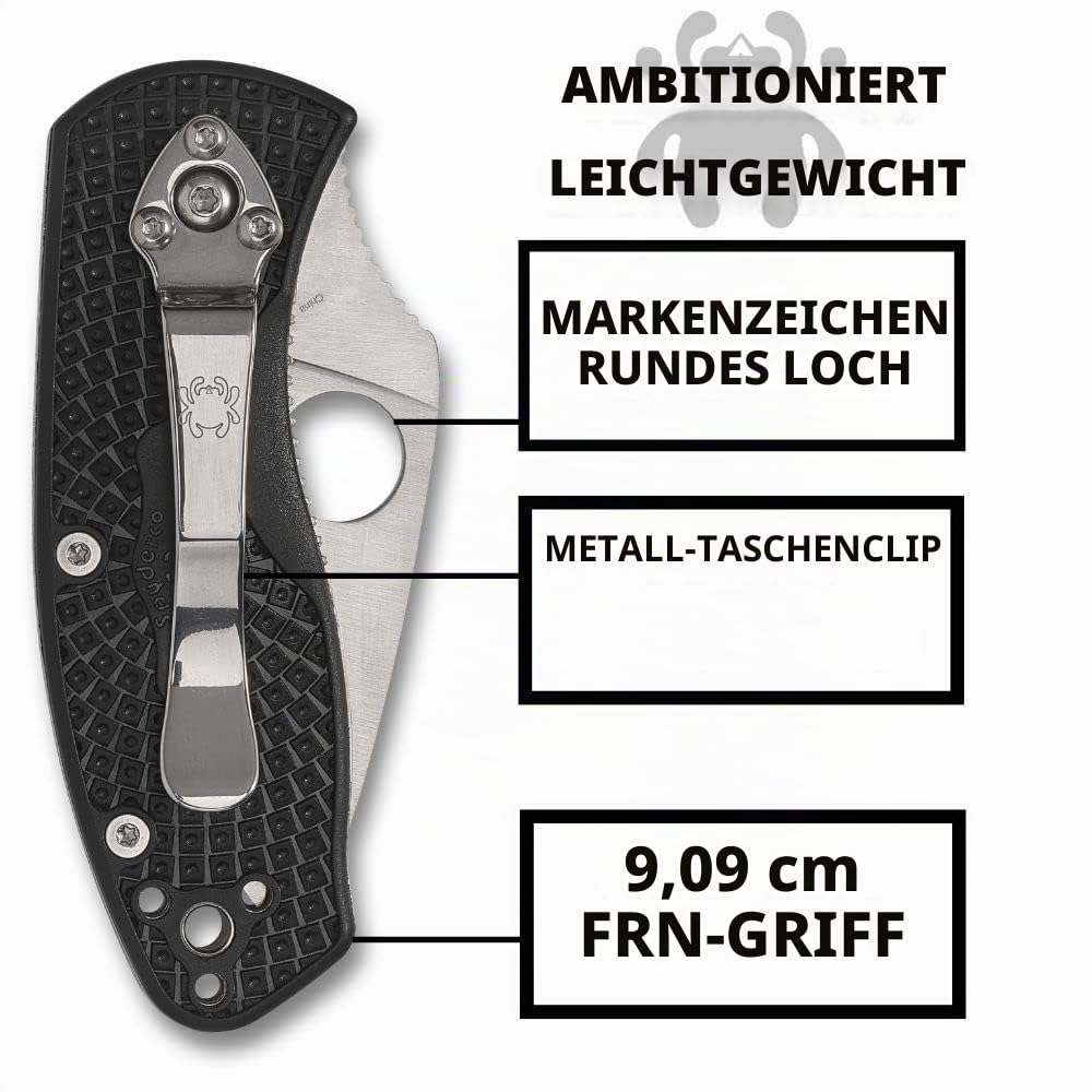 Spyderco Ambitious C148PBK Taschenmesser, leicht, klappbar, mit 6,1 cm Edelstahlklinge und FRN-Griff, PlainEdge