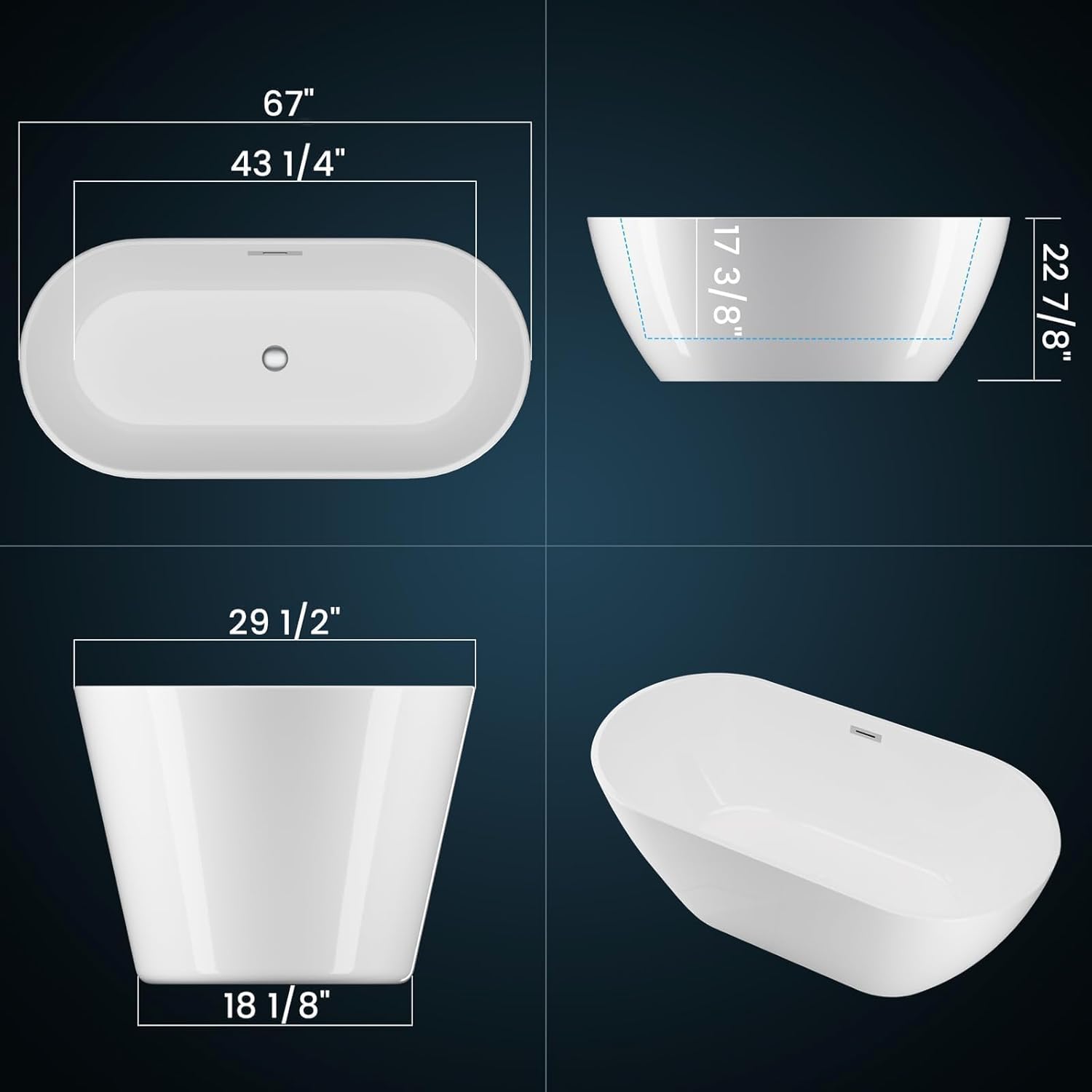 67" Acrylic Freestanding Bathtub, Free Standing Soaking Tub, Free Standing Tub with Overflow and Matte Silver Drain, Modern Bathtub for Bathroom, Hotel, Easy to Install, CUPC Certified, White, Flora
