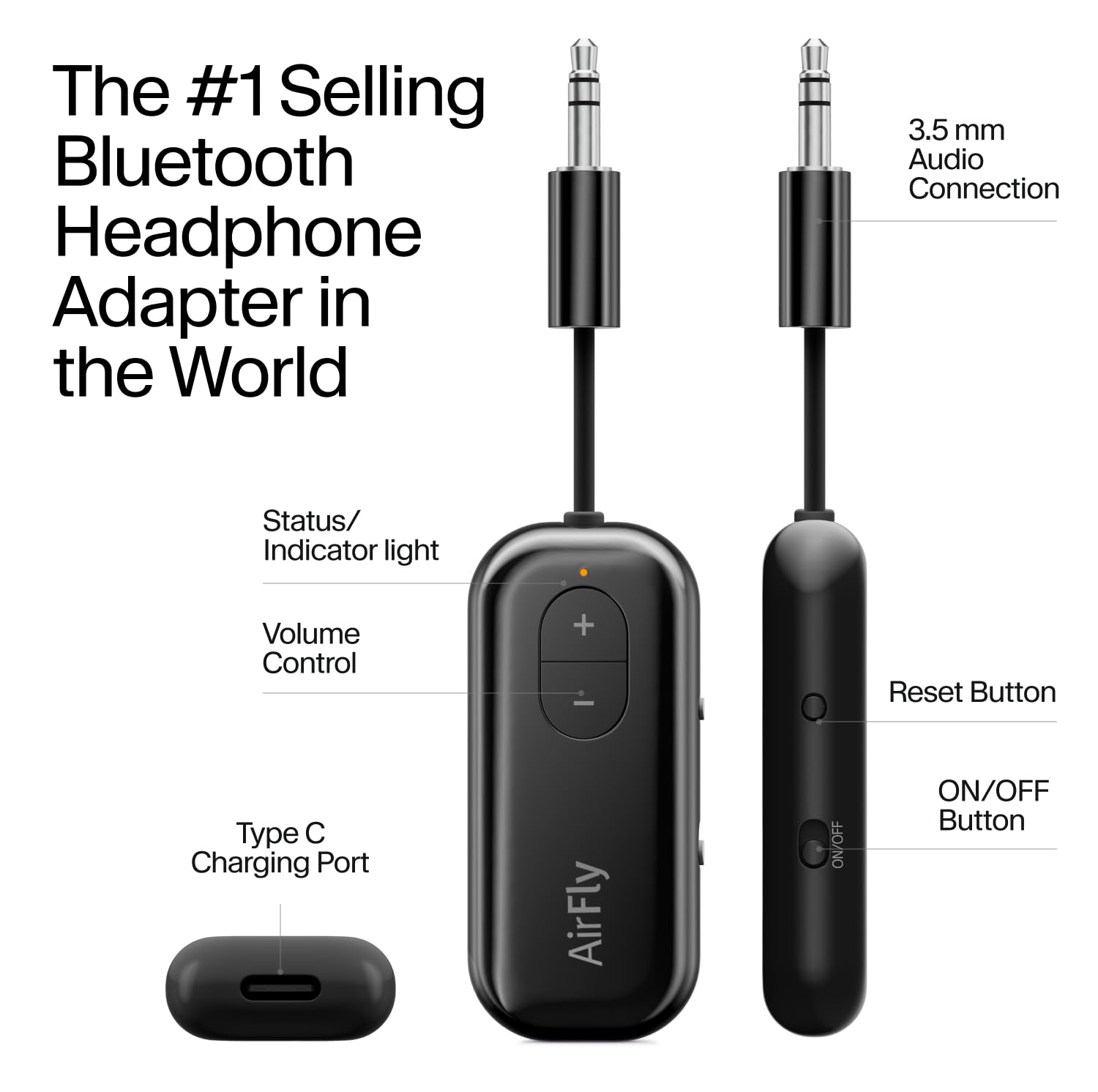 Twelve South AirFly SE, transmisor de audio inalámbrico Bluetooth para AirPods/auriculares inalámbricos o con cancelación de ruido; uso con cualquier conector de audio de 3,5 mm en aviones, equipos de
