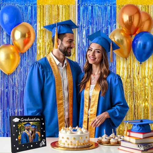 Image of KatchOn, Blue and Gold Fringe Backdrop for Parties - XtraLarge, Pack of 2 | Blue Fringe Backdrop | 2026 Graduation Party Decorations | Graduation Decorations 2026