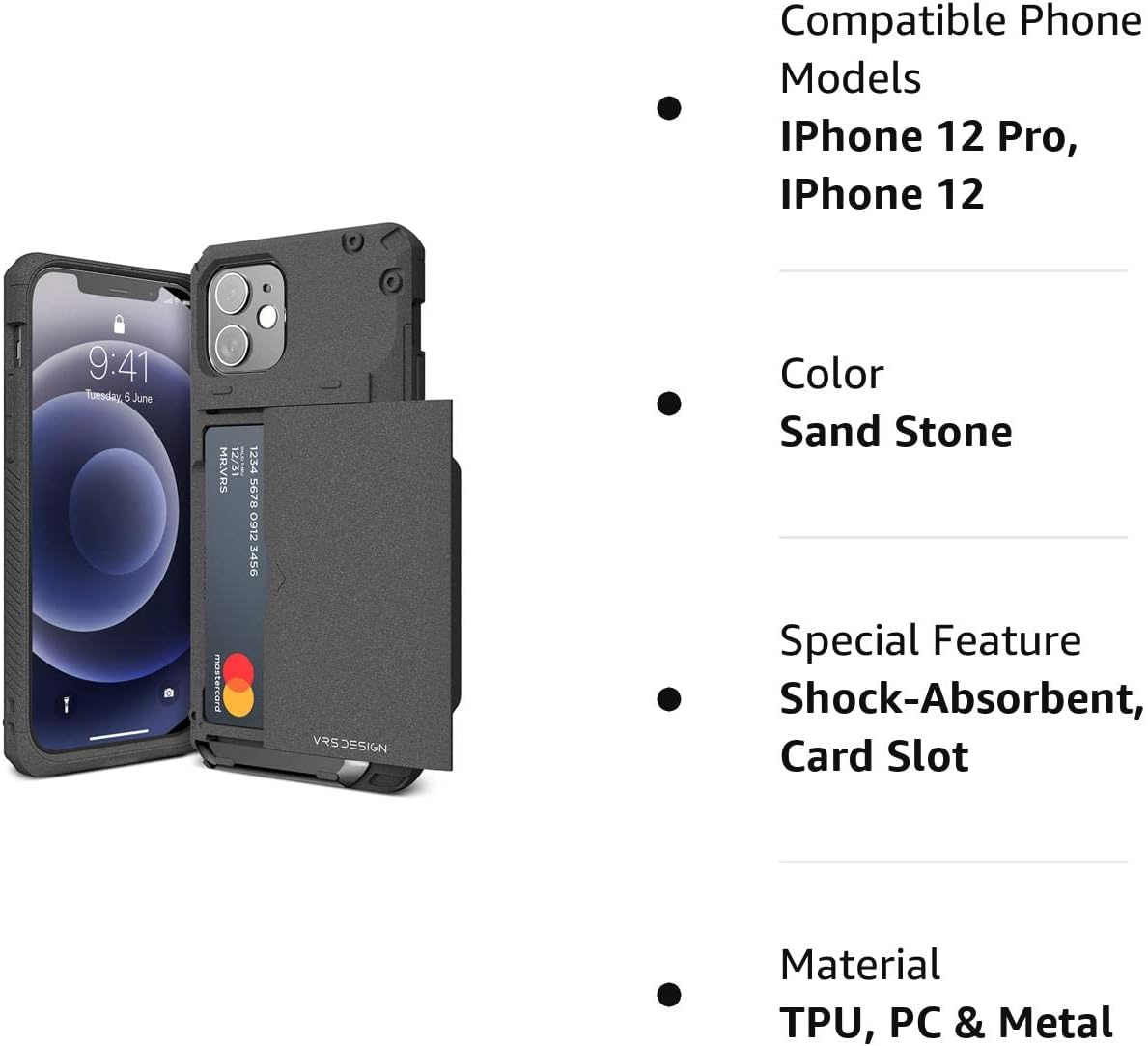 VRS DESIGN Damda Glide Pro Compatible for iPhone 12/12 ProCase, with [4 Cards] Premium Sturdy [Semi Auto] Credit Card Holder Slot Wallet for iPhone 12/12 Pro 6.1 inch(2020) (Sand Stone)