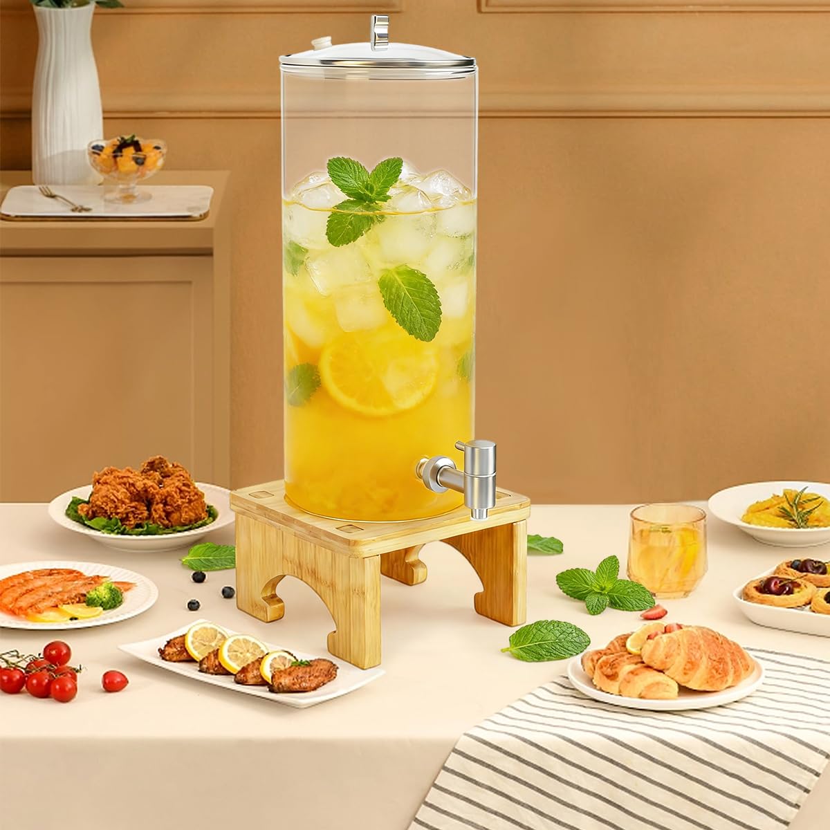 Dispenser di bevande da 7 litri con supporto, dispenser in vetro con rubinetto in acciaio inox massiccio per succhi ghiacciati, acqua, bevande fatte in casa, feste, matrimoni