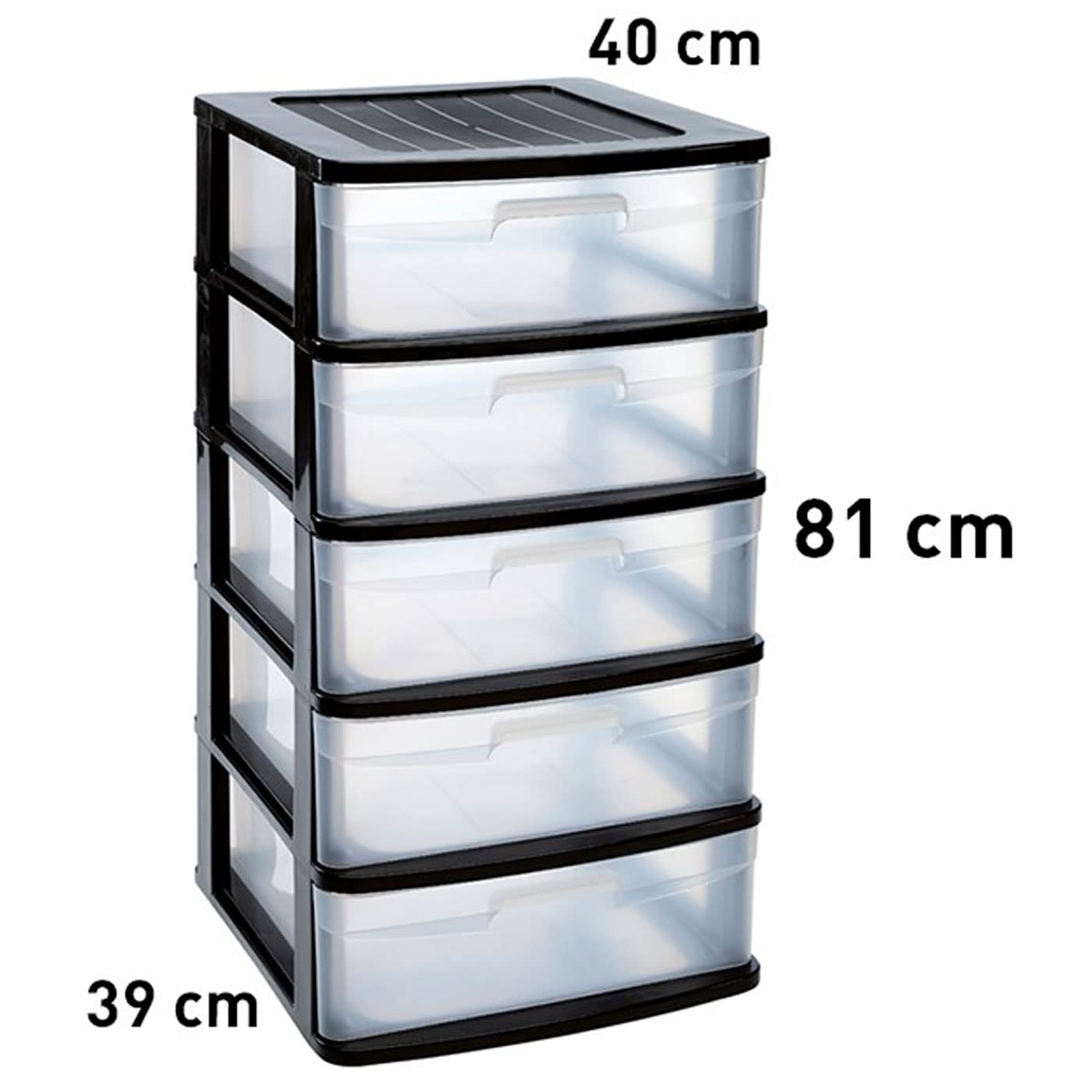 Acan Tradineur - Cajonera Sena de ordenación con 5 cajones opacos, plástico, torre de almacenaje multiusos, hogar, 81 x 40 x 39 cm, negro