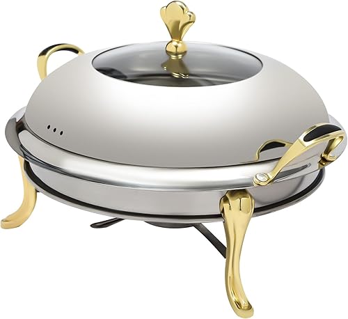 Miniatura 5 de Plato redondo para rozar, de acero inoxidable, para bufé, 2.5 L, calentadores de bufé con soporte para combustible (10.2 in dorado)