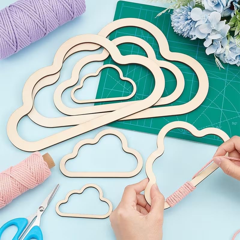 7 Pcs Pine MDF Cloud Macrame Frames – Boho Wall Hanging Craft Shapes for DIY Home Décor, Nursery Decoration & Macrame Art | Cloud Design Wood Frames (Sizes 5–17.5 x 8–28 cm)-image-9