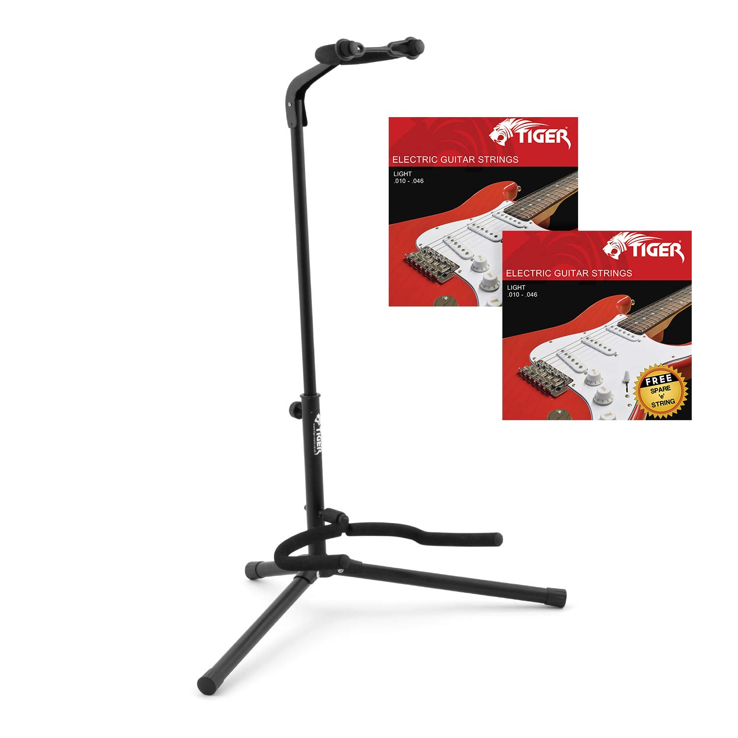 Tiger Universal Guitar Stand with 2 Packs of Electric Guitar Strings Black