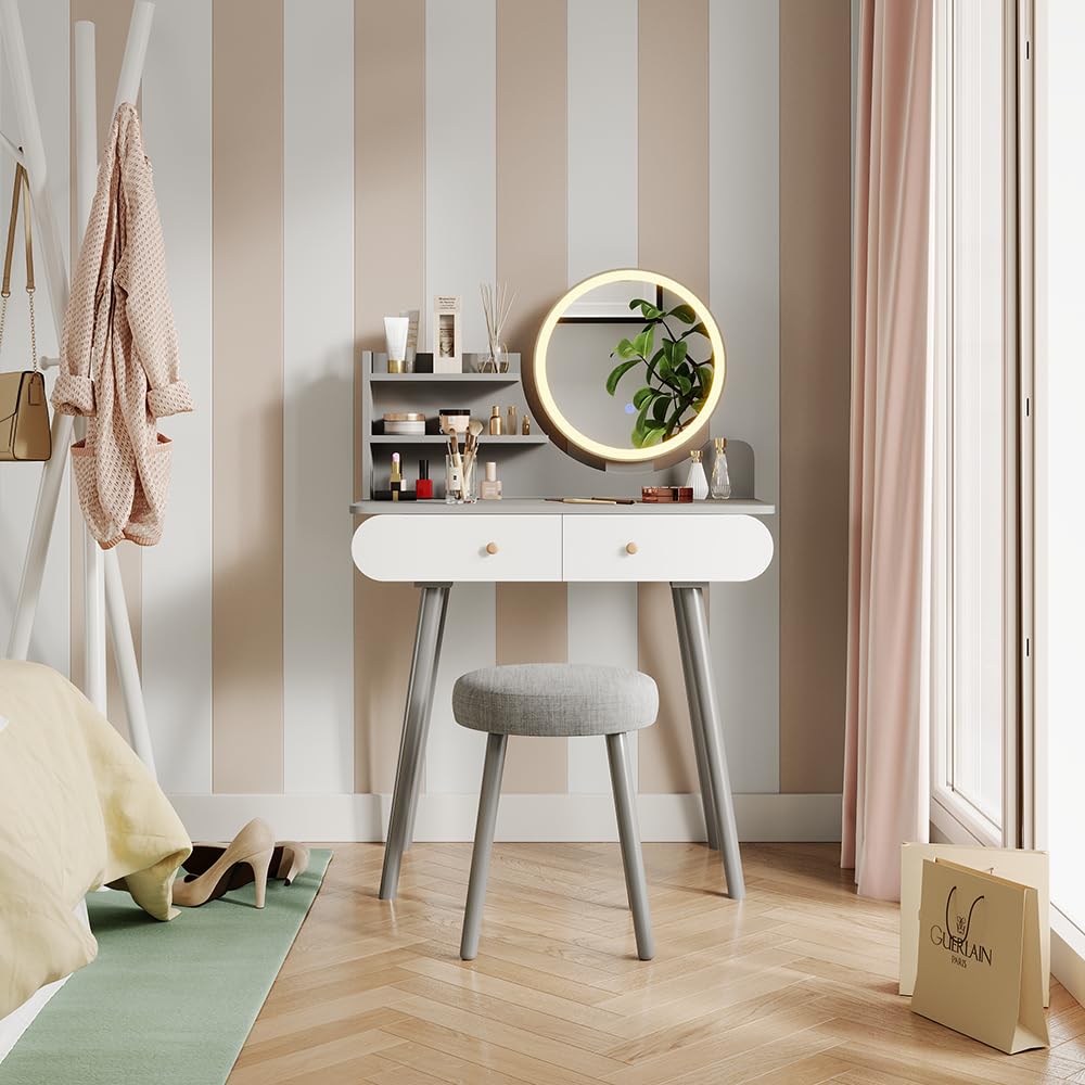 Kaptafel Lisca Wit 80 cm met LED-spiegel en kruk Vicco | Wit | LED