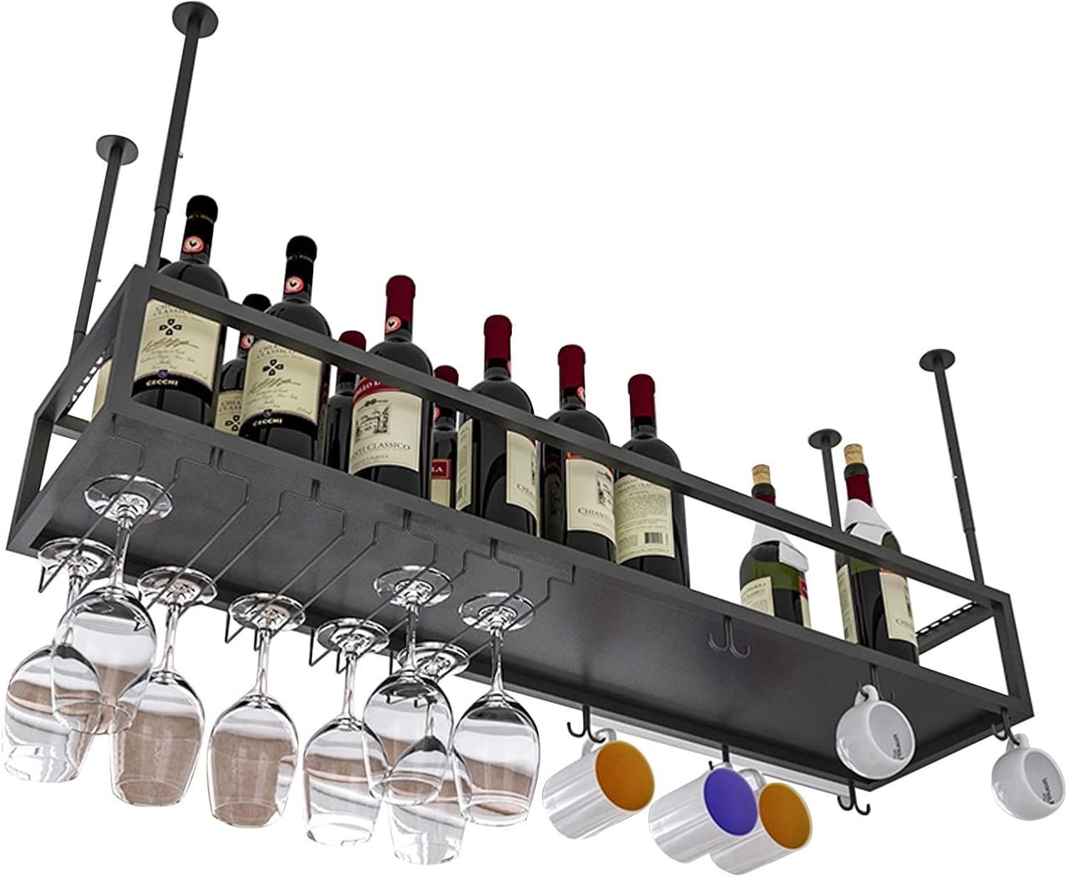 Ceiling-Mounted Wine Rack - Adjustable Height Iron Art Hanging Wine Bottle Holder & Glass Storage Shelf for Kitchen & Bar Décor, Black, 140x25x21cm