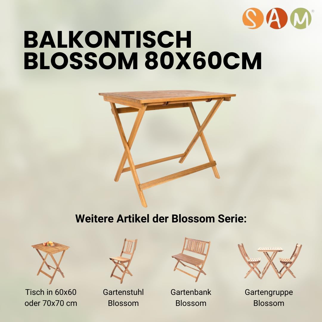SAM Gartentisch Blossom, Akazienholz massiv & geölt, Klapptisch 80x60 cm, Holztisch für Balkon, Terrasse, Wintergarten oder Garten, pflegeleichtes Unikat