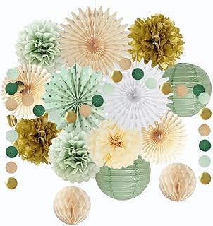 Sage Party Decorations Sage Green and Gold Paper Pom Poms Paper Fans Lanterns Sage Gold Glitter Dots Hanging Party Garland for Sage Birthday Wedding Bridal Shower Graduation Party Supplies