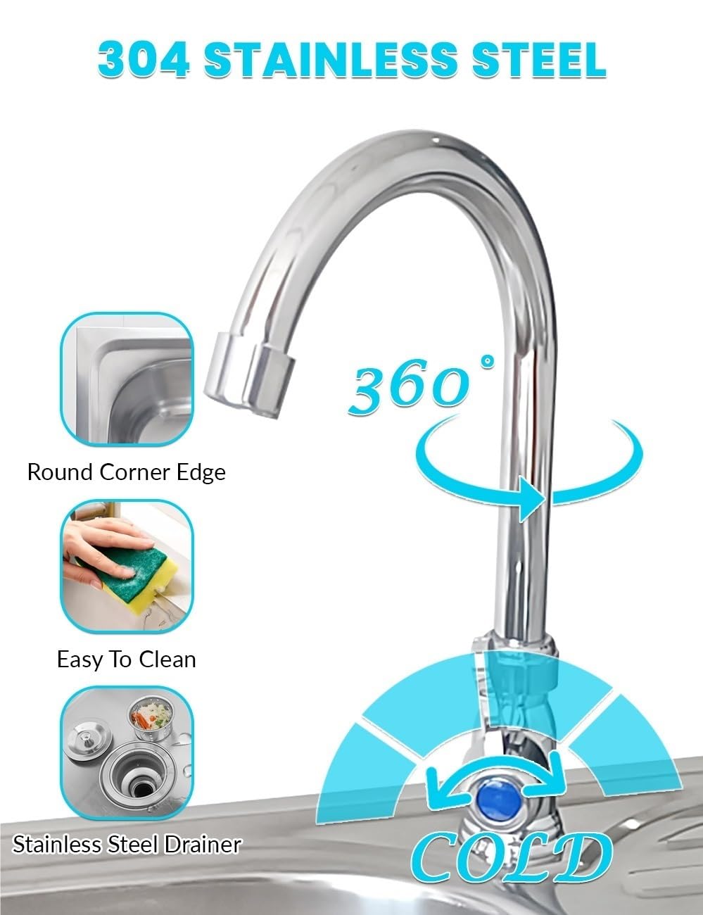 Gastro Waschbecken Edelstahl, Spülbecken Küche, Spüle Freistehend, Cken Küche Mit Wasserhahn & Schwammbürste, Für Den Innen- Und Außenbereich, Garagen, Außen Innen, Wäsche