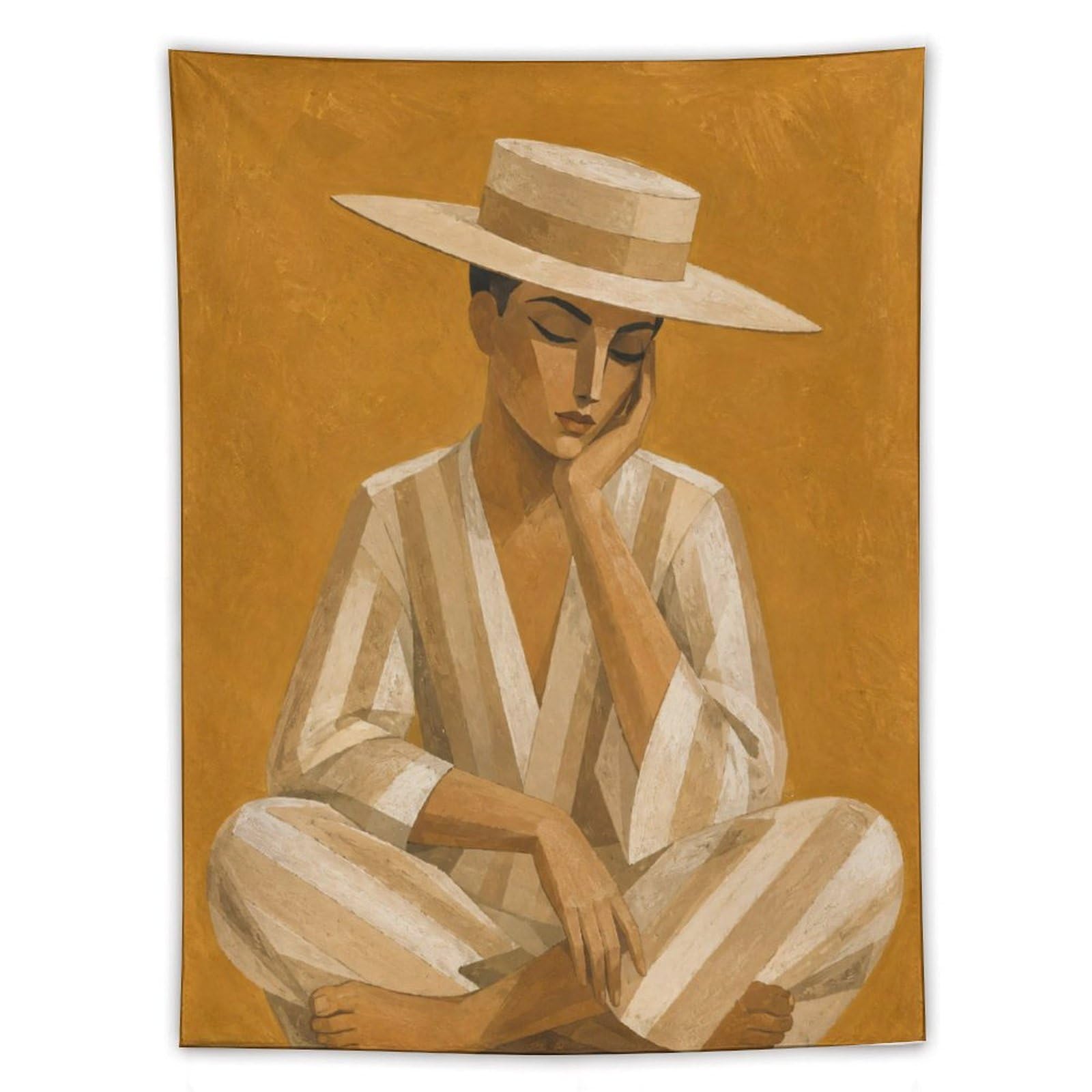 W7C8U2X3 Man in White Hat Wall Tapestry, Geometric Art, Modernist Portrait