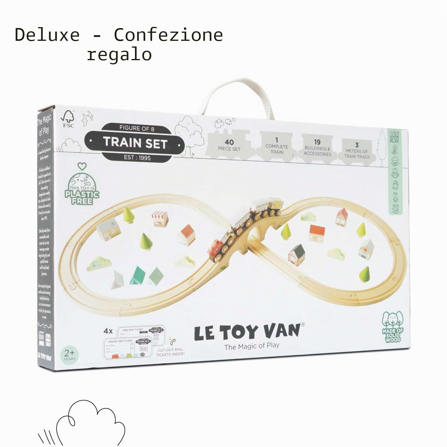Le Toy Van - TV702 - Pista trenino in legno per bambini, 3 anni, Montessori, 40 pezzi, circuito a 8 con 4 vagoni treno componibili con ruote in legno e accessori, 104 x 45 x 7,5 cm