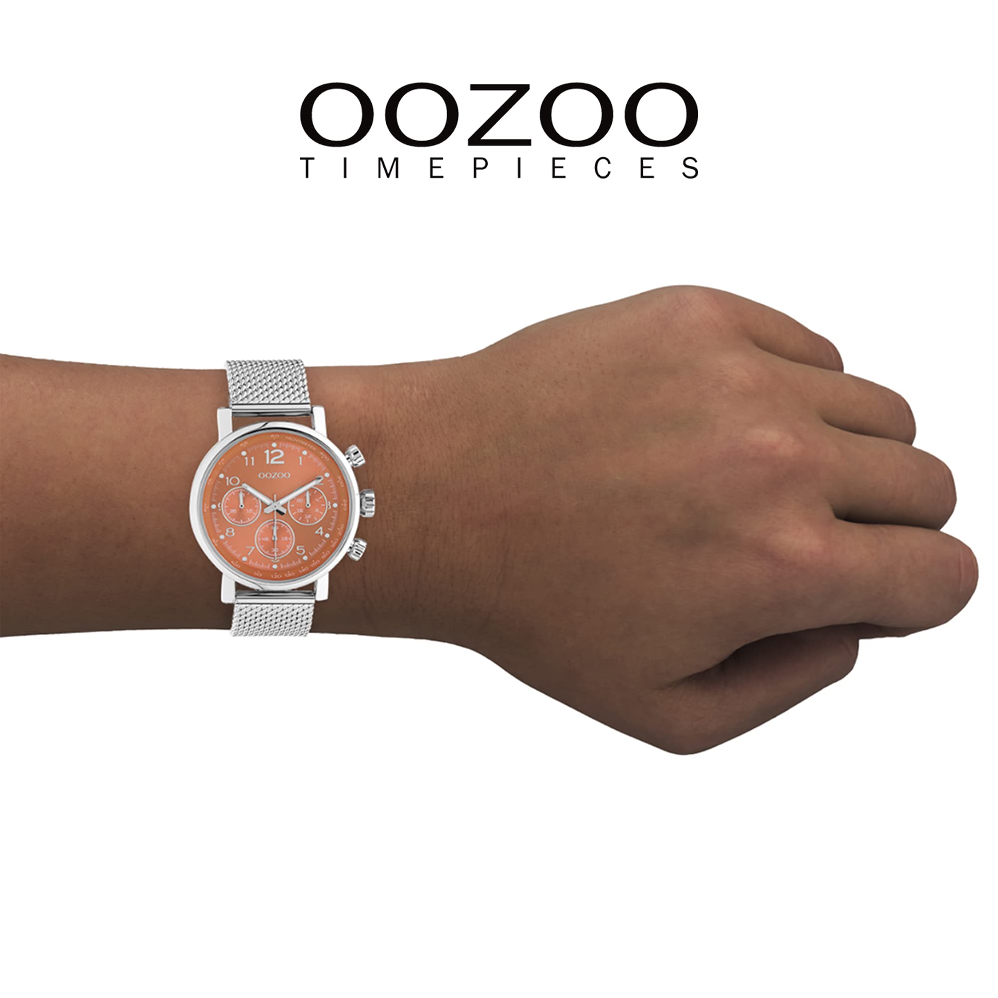 OOZOO Timepieces Orologio da uomo – Orologio da polso da uomo con cinturino in rete da 20 mm – analogico da uomo con cinturino in maglia milanese rotondo, argento/rosso, Bracciale