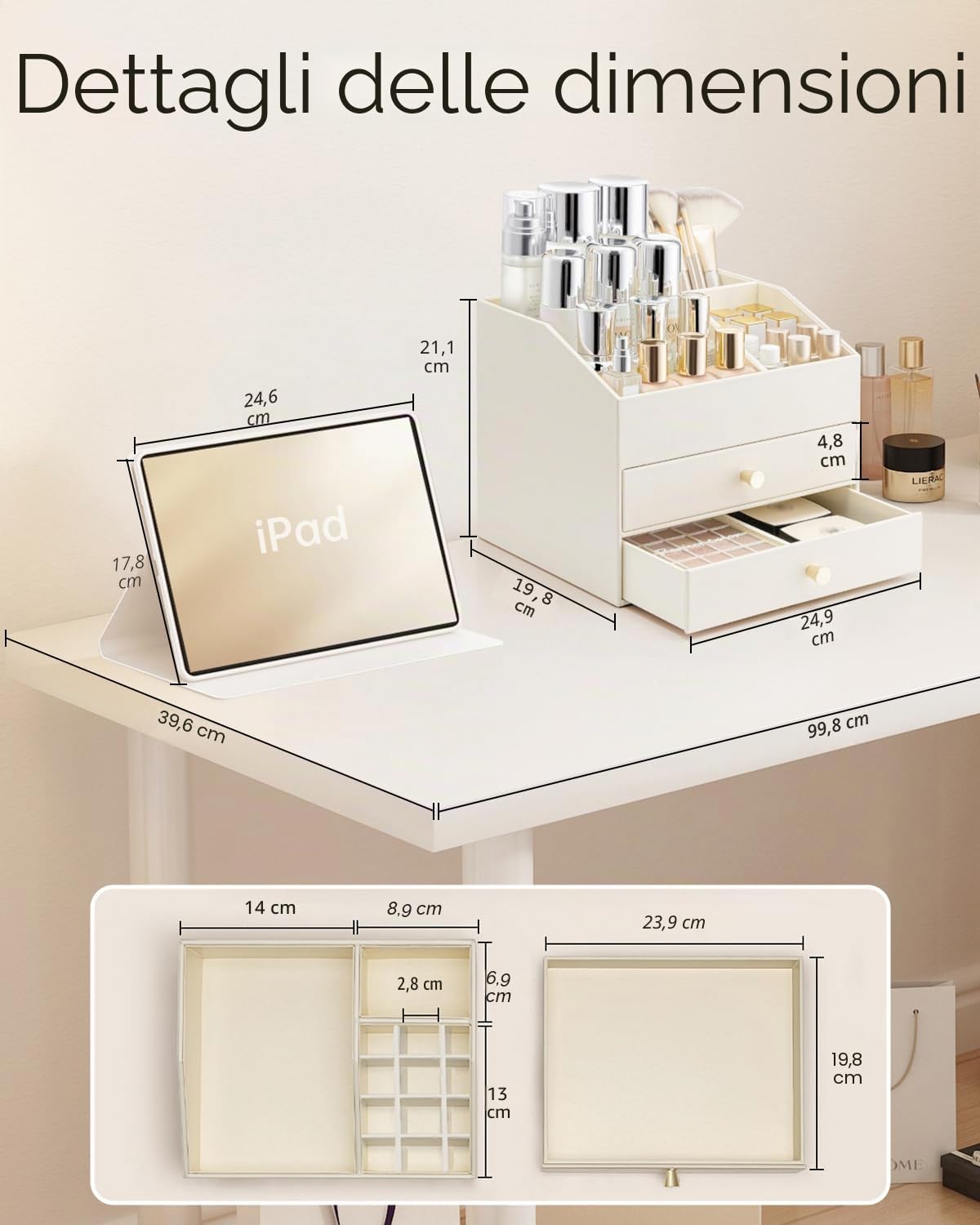Vlando Organizer per trucchi con 3 cassetti, organizzatore da toeletta, organizzatore per cosmetici, organizzatore per il bagno, Dresser Skincare, beige