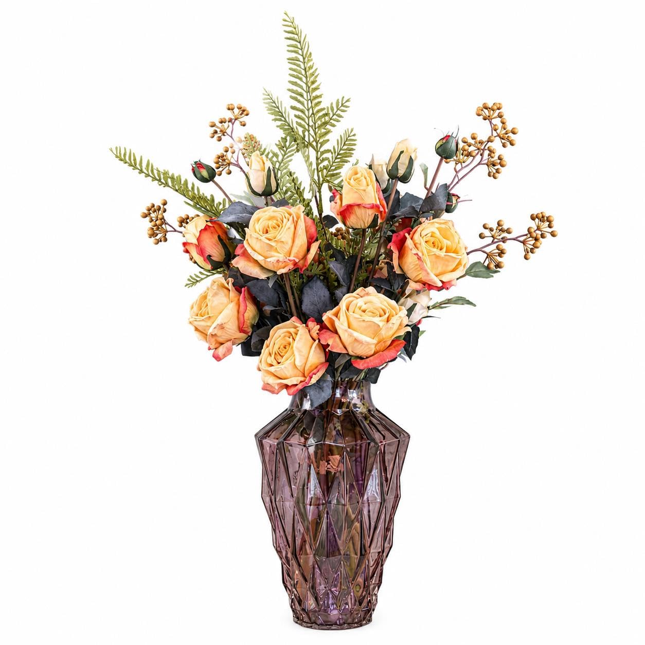 Leaf 65Cm Yellow Rose Geometric Glass Vase Design Artificial Flower Display With Vase