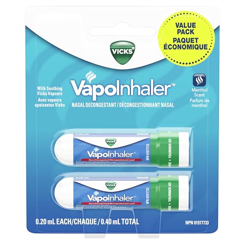 Vicks Vapoinhaler Nasal Decongestant with Soothing Vapors for Temporary Relief due to a Cold, Menthol Scent, 2 Pack , 0.20 mL each