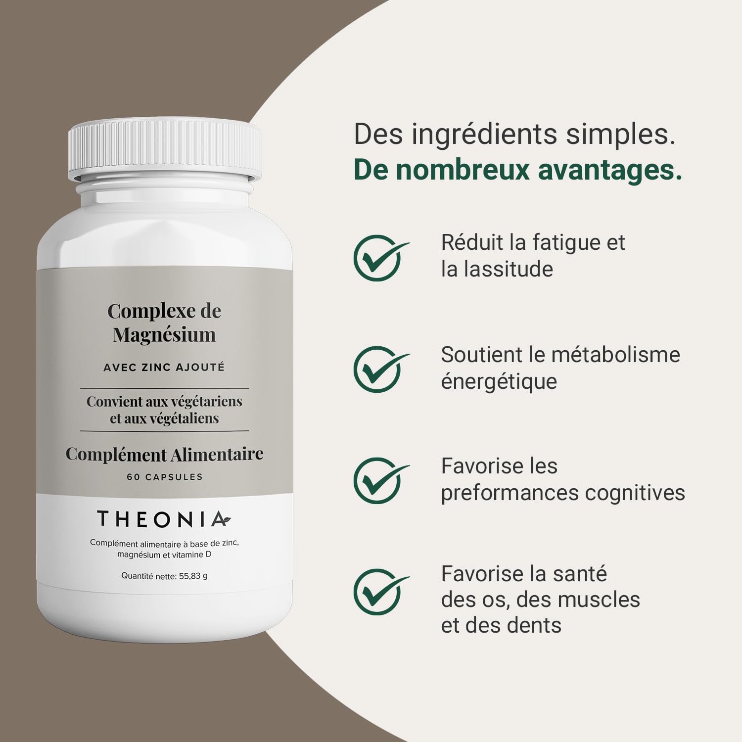Complément alimentaire Complexe au Magnésium de Theonia à haute concentration 205 mg avec du zinc et de la vitamine D3 – Aide à la santé musculaire et osseuse - 60 gélules
