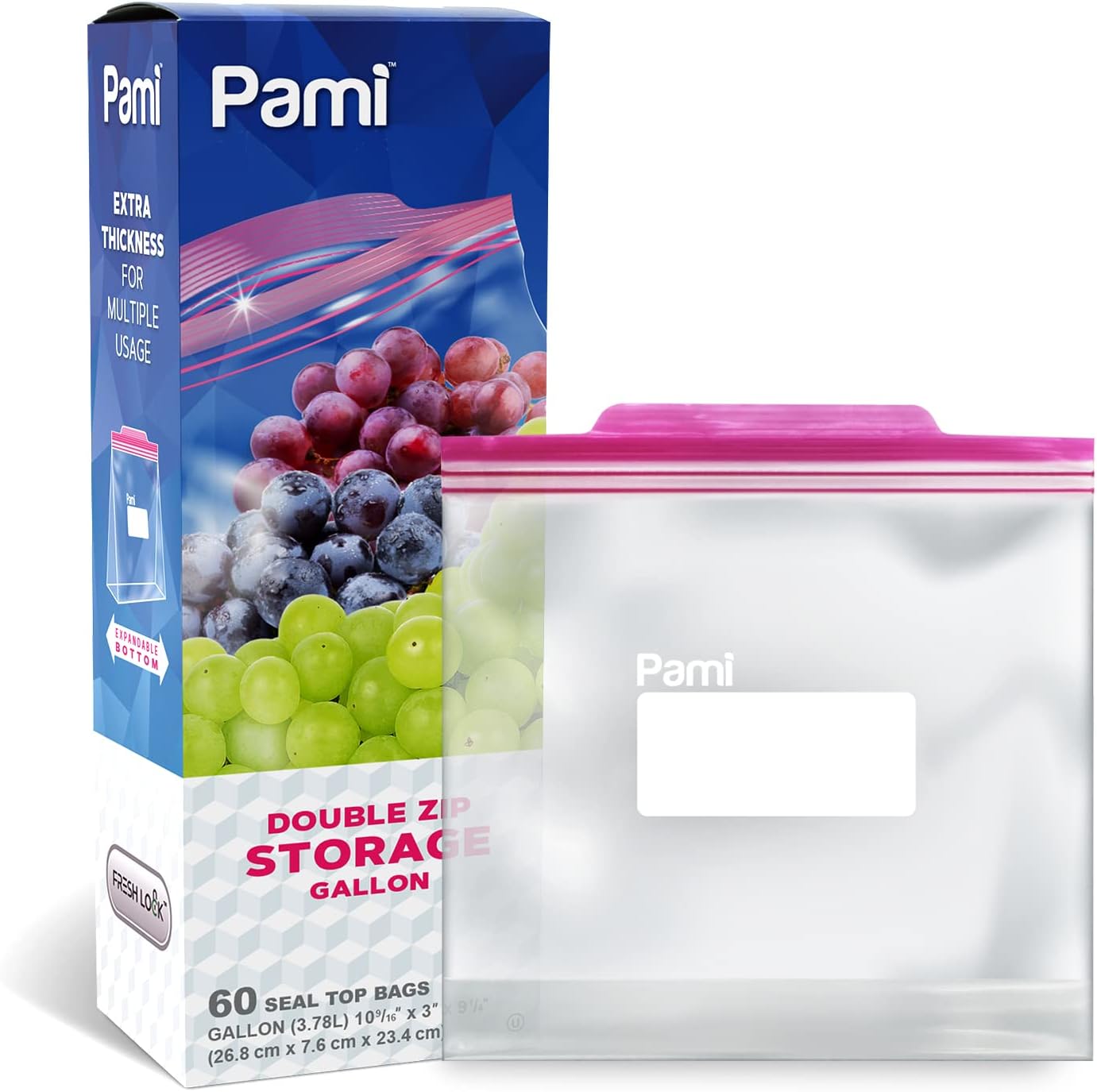 PAMI Leakproof Reusable Double Zip Sandwich Bags with Expandable Bottom and Write-On Label, Food Storage Zipper Bags (Gallon 60 Clear)