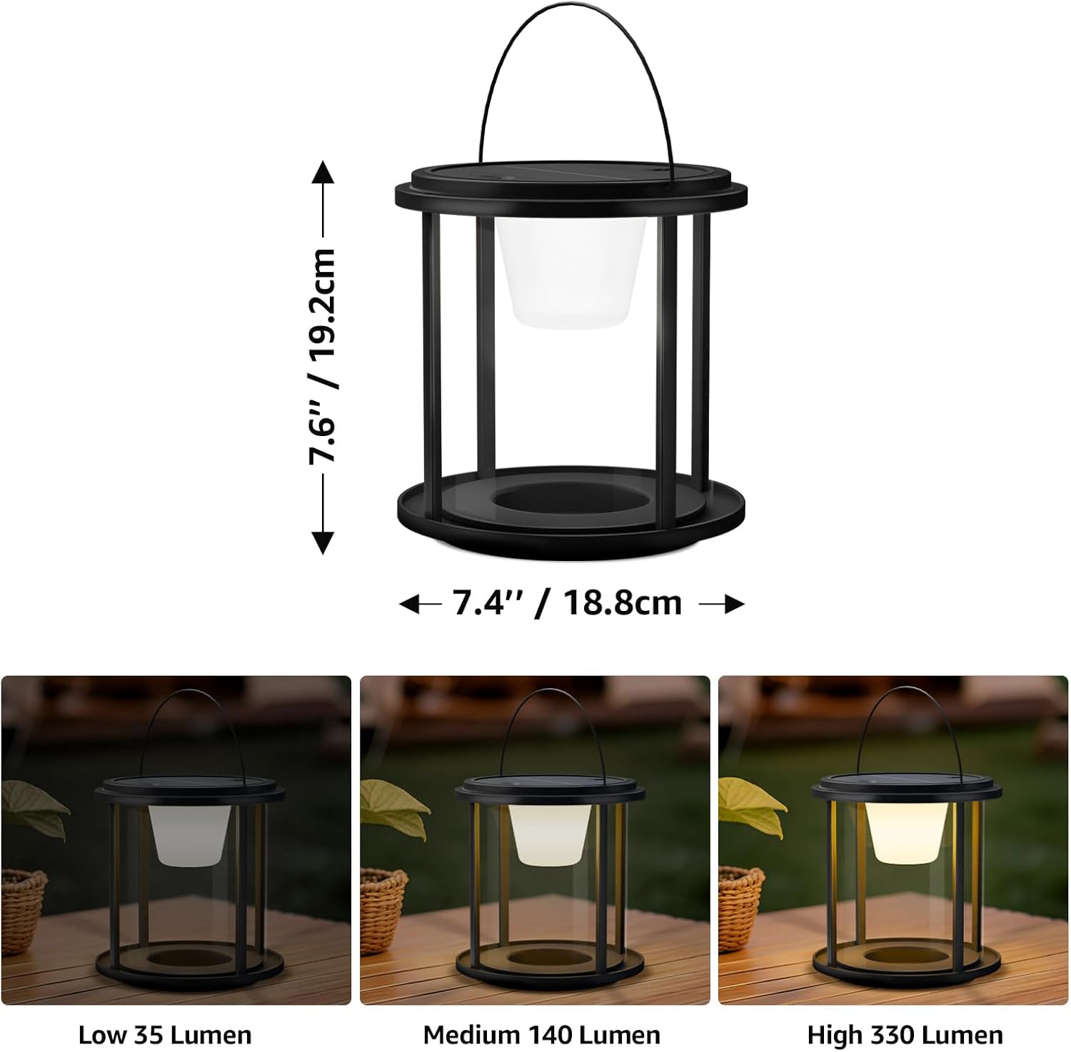 FUYO Solar Rechargeable Camping Lantern - 7.6-Inch Dimmable Outdoor Table Lamp with Warm White Light, RGB Color-Changing & Candle Mode, Metal Portable Hanging Lanterns for Patio, Garden, Porch, Home