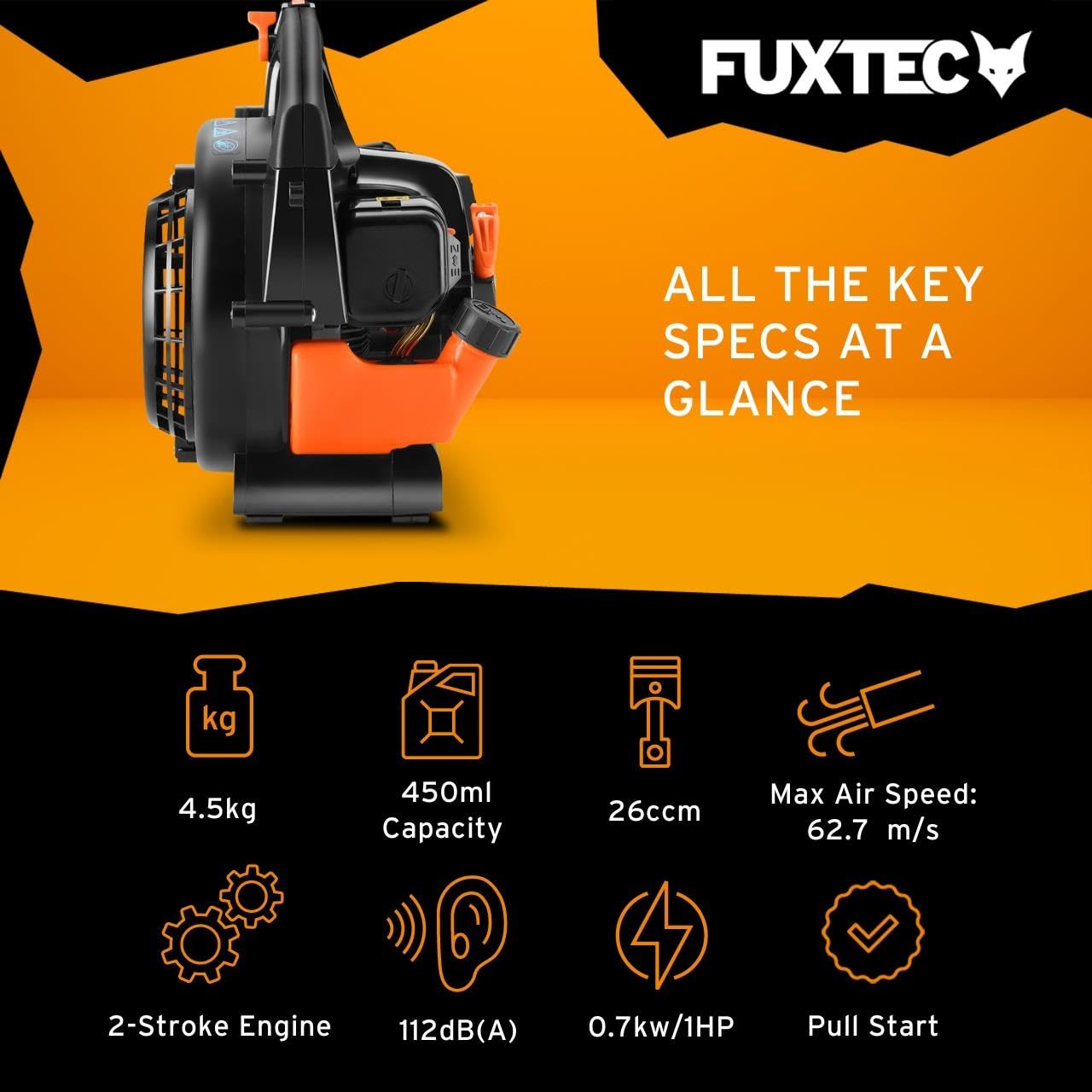 FUXTEC - Soplador de Hojas a Gasolina FX-LB126ECO Cilindrada 26 cm³ Velocidad del Aire 60 m/s Peso 4,5 kg Diferentes boquillas para Diferentes Superficies