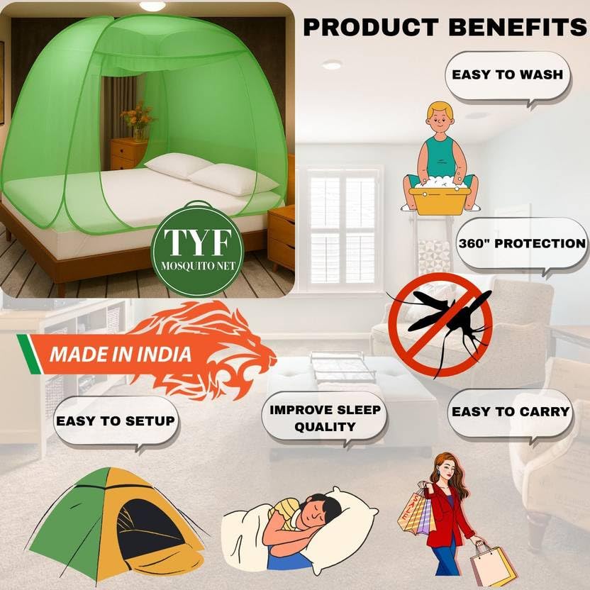 Image of TYF Mosquito Net for Bed Made with Polyester Material | Foldable Mesh Design | Lightweight and Portable Structure | Easy to Use Green (6.15 Feet X 6.15 Feet) Double Bed
