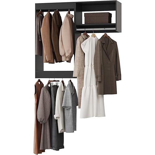 ROOMTEC Modular Closet System, 46" Wall-Mounted Closet Organizer with Hanging Rods, Wooden Tower for Walk-In Closets, Wardrobe Storage Kit, Black