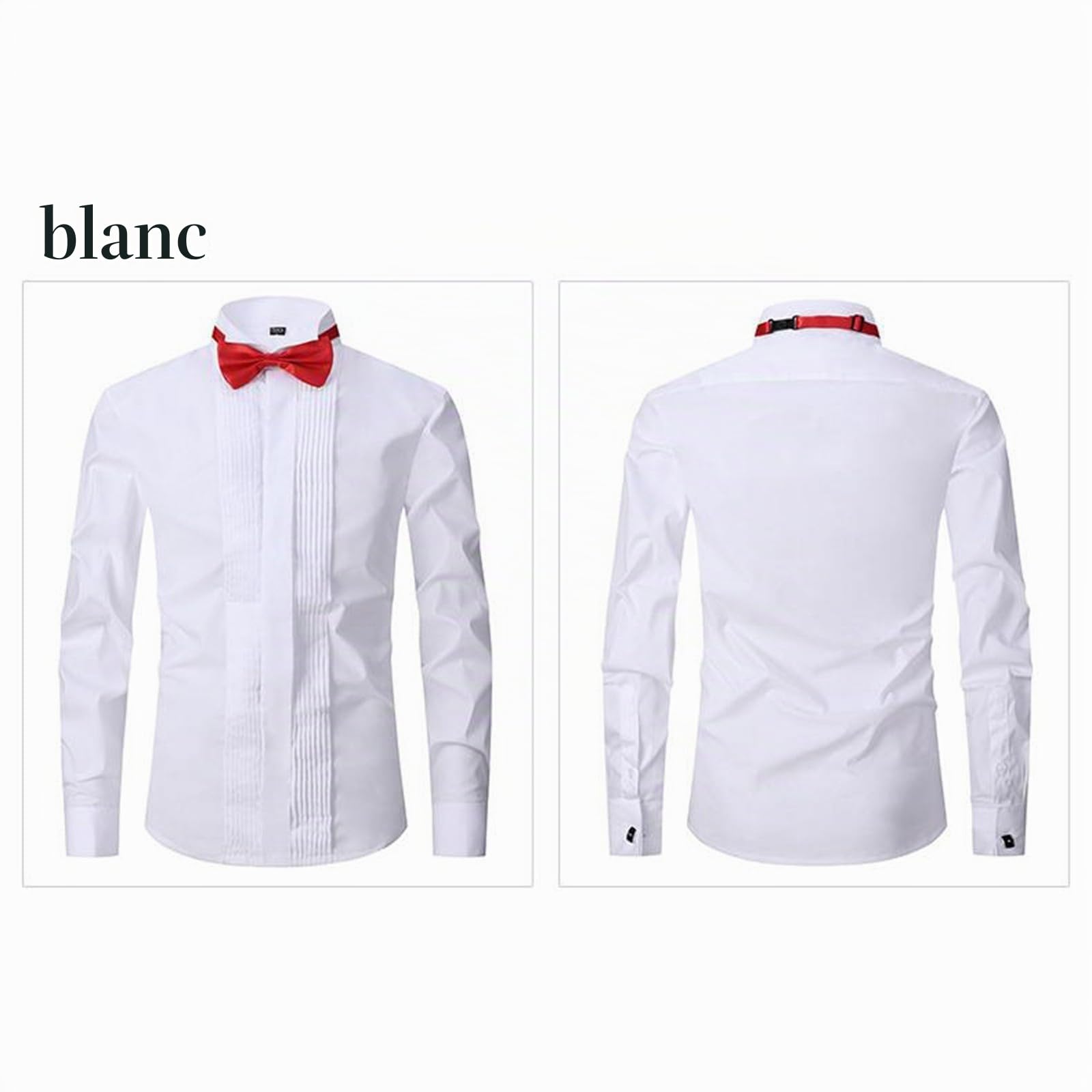 Chemise de smoking pour homme - Col rabattu - Chemise boutonnée - Plis avant - Manches françaises avec 2 nœuds papillon - Couleur unie