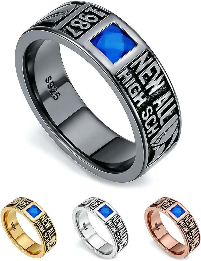 Sterling Silver Class Rings Personalized Custom Rings Class Rings for Women High School Birthstone Rings Graduation Rings Size 5-15 College Rings for Women