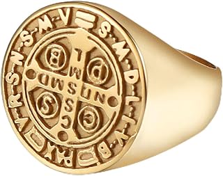 Jewelry Stainless Steel Catholic St Benedict Exorcism Signet Religious Ring Demon Protection Ghost Hunter Cross Band,Golden Tone (10)
