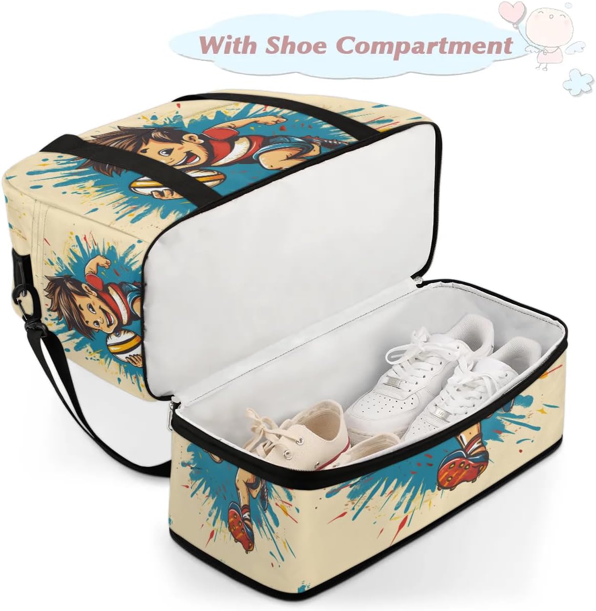 Sports Duffel Bag, Foldable Sports Rugby Travel Duffel Bag, Gym Yoga Beach Bag Weekender Overnight Bag with Shoes Compartment for Men Women, Rugby Balls Sport