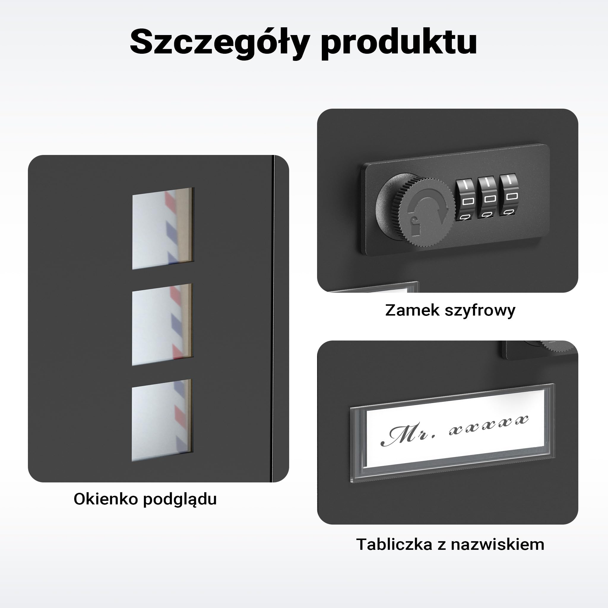 Wiltec Skrzynka na listy z zamkiem szyfrowym, imiennikiem i wizjerem, czarna skrzynka pocztowa do montażu na ścianie, stalowa, malowana proszkowo