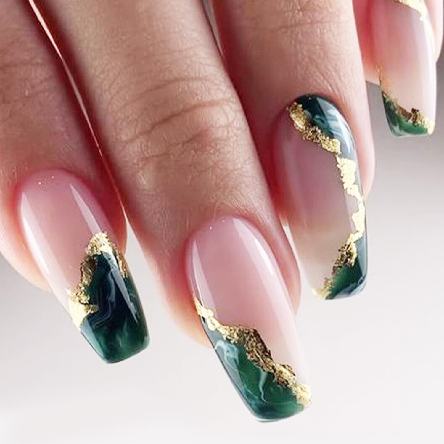 Dark Green Press On Nails - Medium Marble False Nails with Glitter Designs, Glossy Gold Foil, Coffin Shape, Reusable Acrylic, Full Cover Artificial
