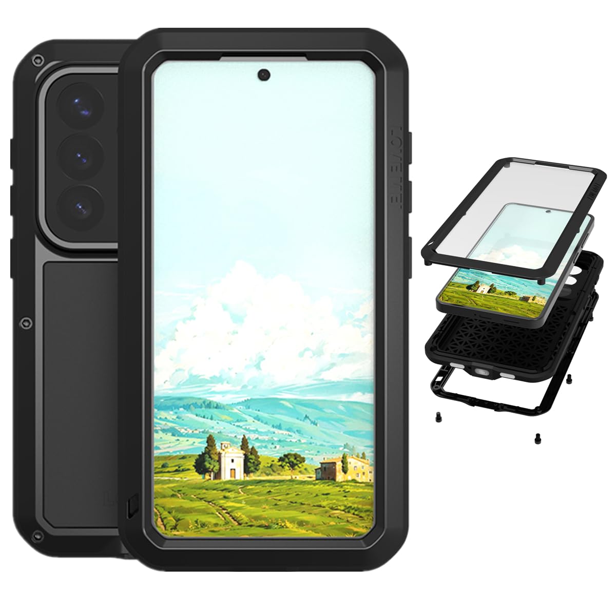 LOVE MEI Funda compatible con Samsung Galaxy S26, deportes al aire libre, militar, resistente, a prueba de golpes, a prueba de polvo, aluminio híbrido, metal, silicona y vidrio templado (negro)