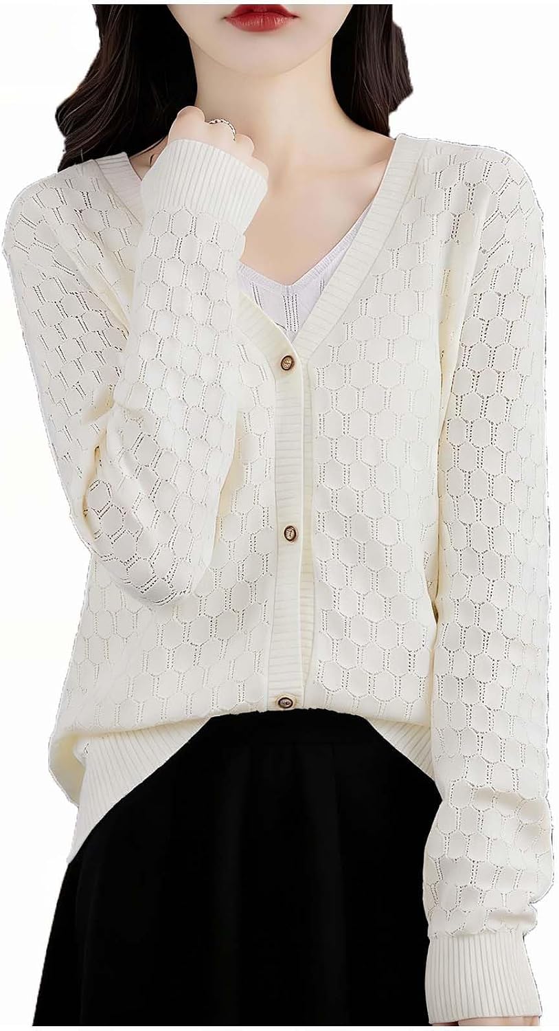 Womens Lightweight Tops Crochet Hollow Out Knit Tops Long Sleeve Button Down Beach Vacation Clothes for Women