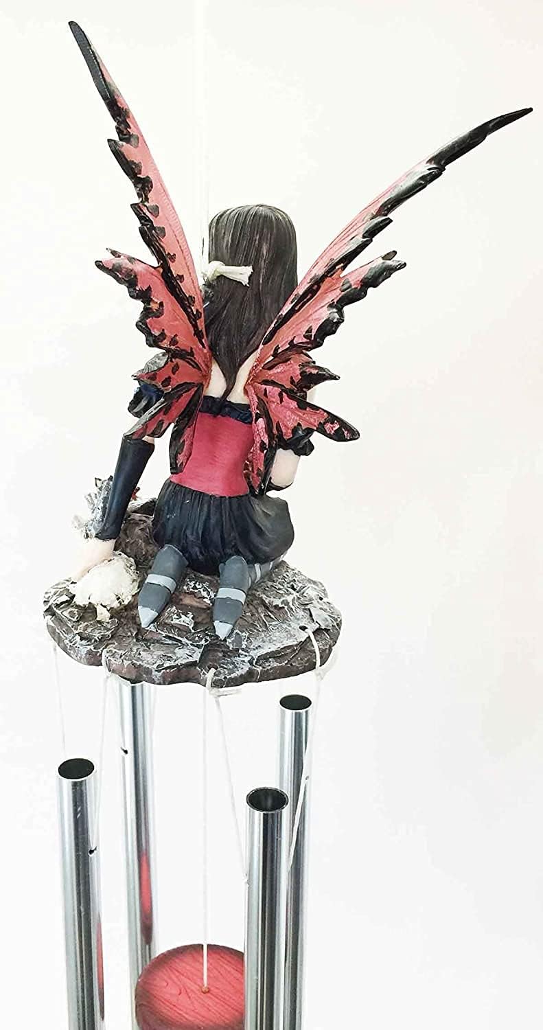 Ebros Gift Red and Black Gothic Tribal Fairy with Dragon Hatchlings in Eggs Resonant Relaxing Wind Chime Garden Patio Faery Garden Decorative Accent
