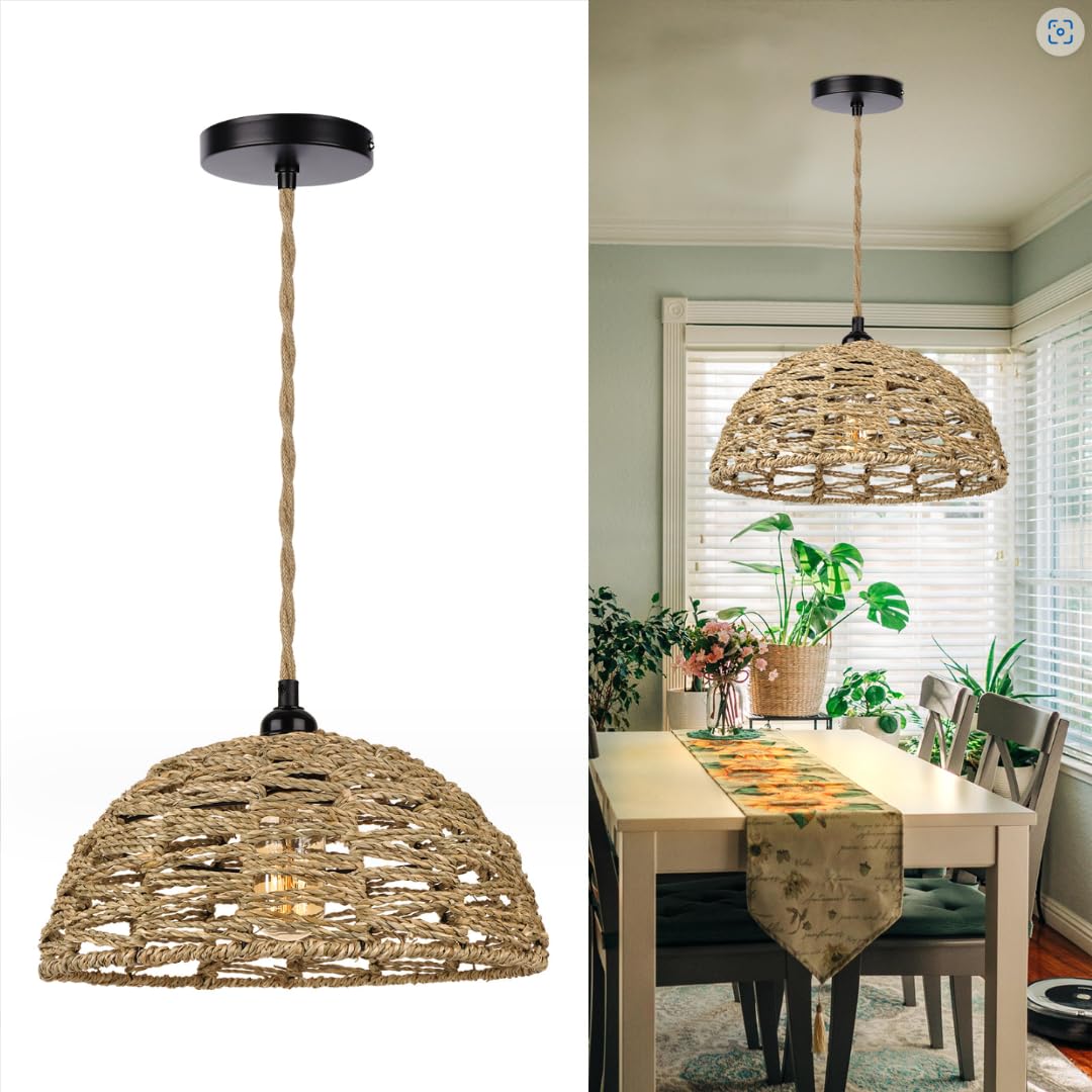 GUANSHAN Handmade Woven Cotton Rope Pendant Lamp Natural Style Pendent Light Creative Semicircle Hanging Light Decorative Chandelier for Living Room, Dinning Room