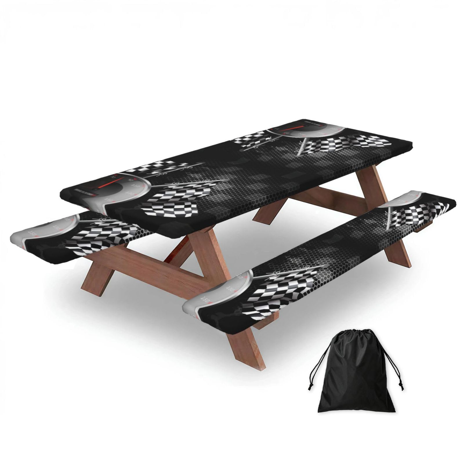 Checkered Flag Racing Print 3 Pack Wipeable Picnic Bench Cover And Table Cover Lightweight Table Cloth For Camping Outdoor