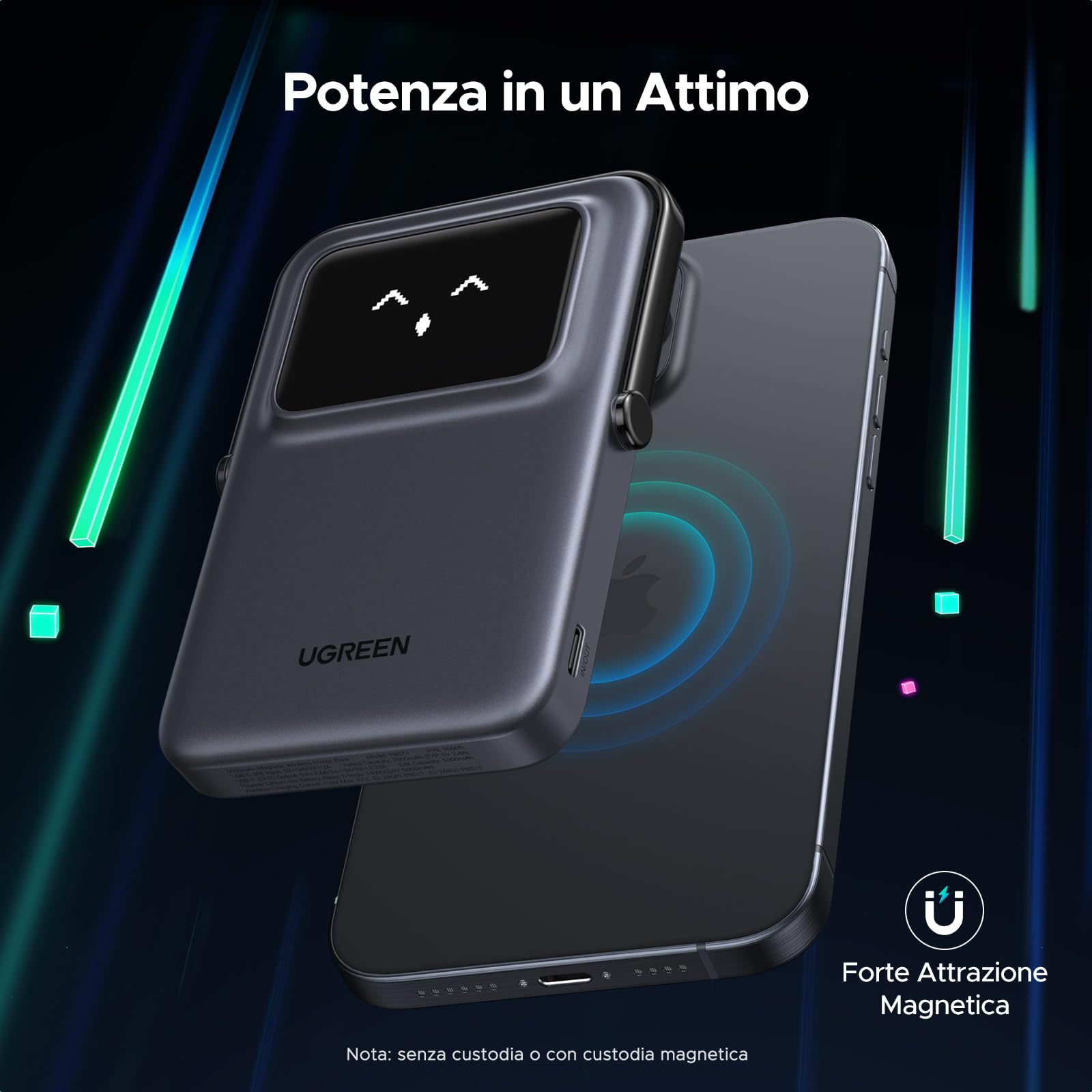 UGREEN Uno Power Bank Magnetico 5000mAh, Caricatore Portatile Wireless PD 20W con Display e Supporto, Compatibile con iPhone 16/15/14/13/12 Mini Plus PRO Max (Nero)