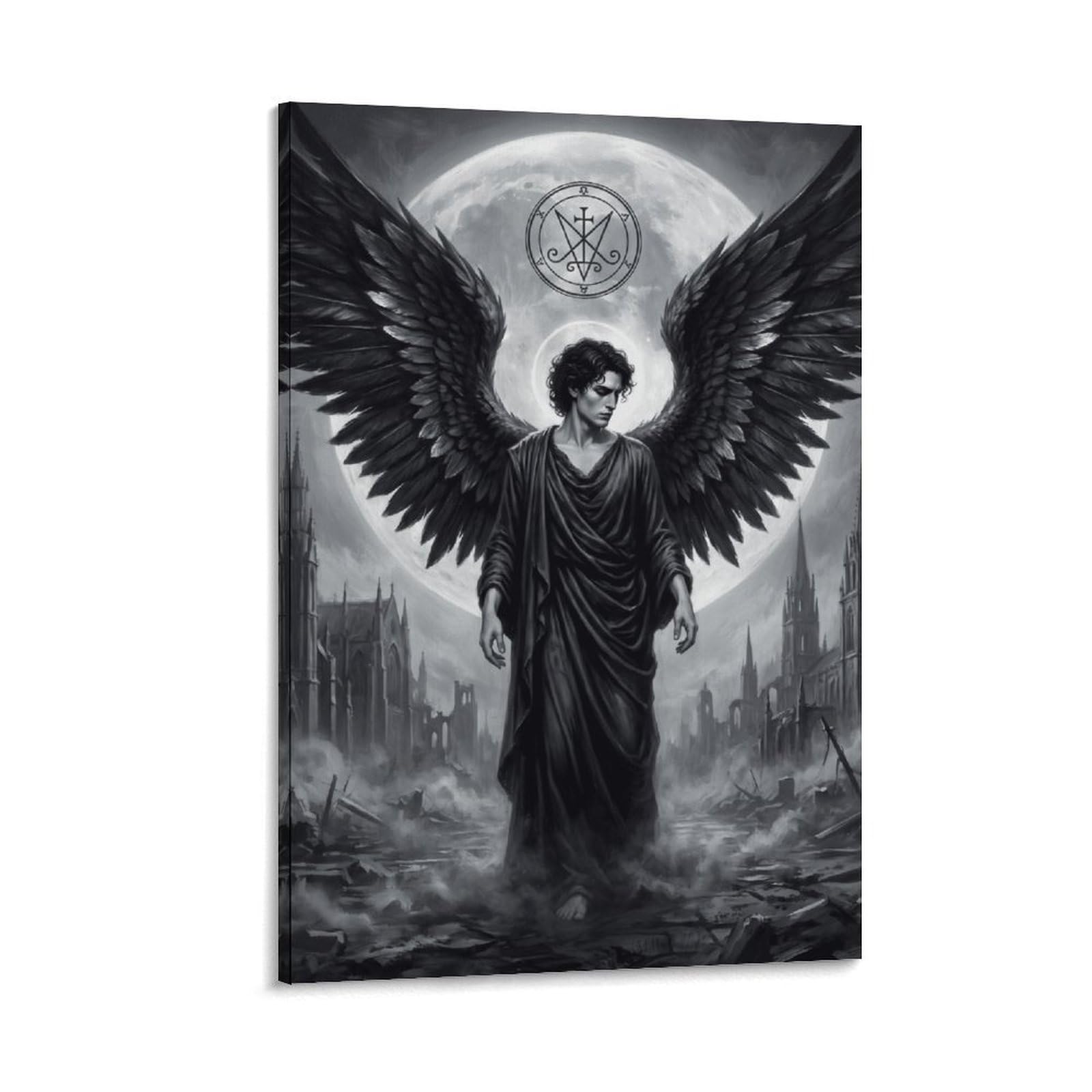 W7C8U2X3 Dark Angel Lucifer Monochrome Canvas Wall Art, Gothic Fantasy