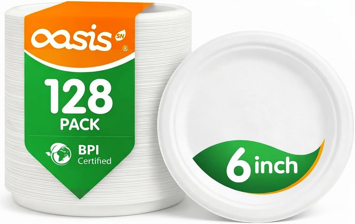 6 Inch Paper Plates 128 Pack, Small Dessert Plates Disposable, Heavy Duty Compostable Sugarcane Bagasse Plates for Cake, Snacks, Kids Meals & Parties, White